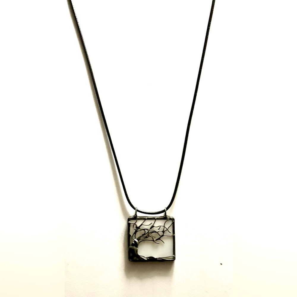 Vintage Tree of Life Pendant Silver on White Opaque Glass